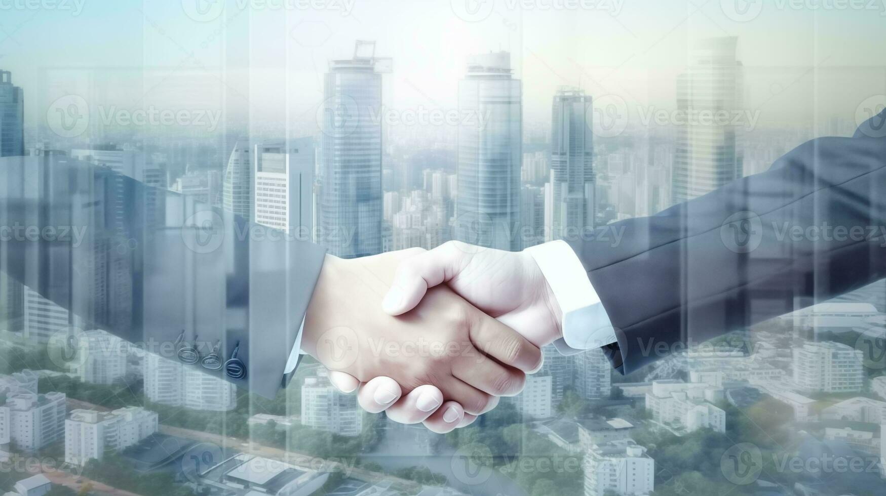 AI generated Business handshake close-up, businessmen shaking hands on a city background, concept of success teamwork, partnership and agreements AI Generated photo