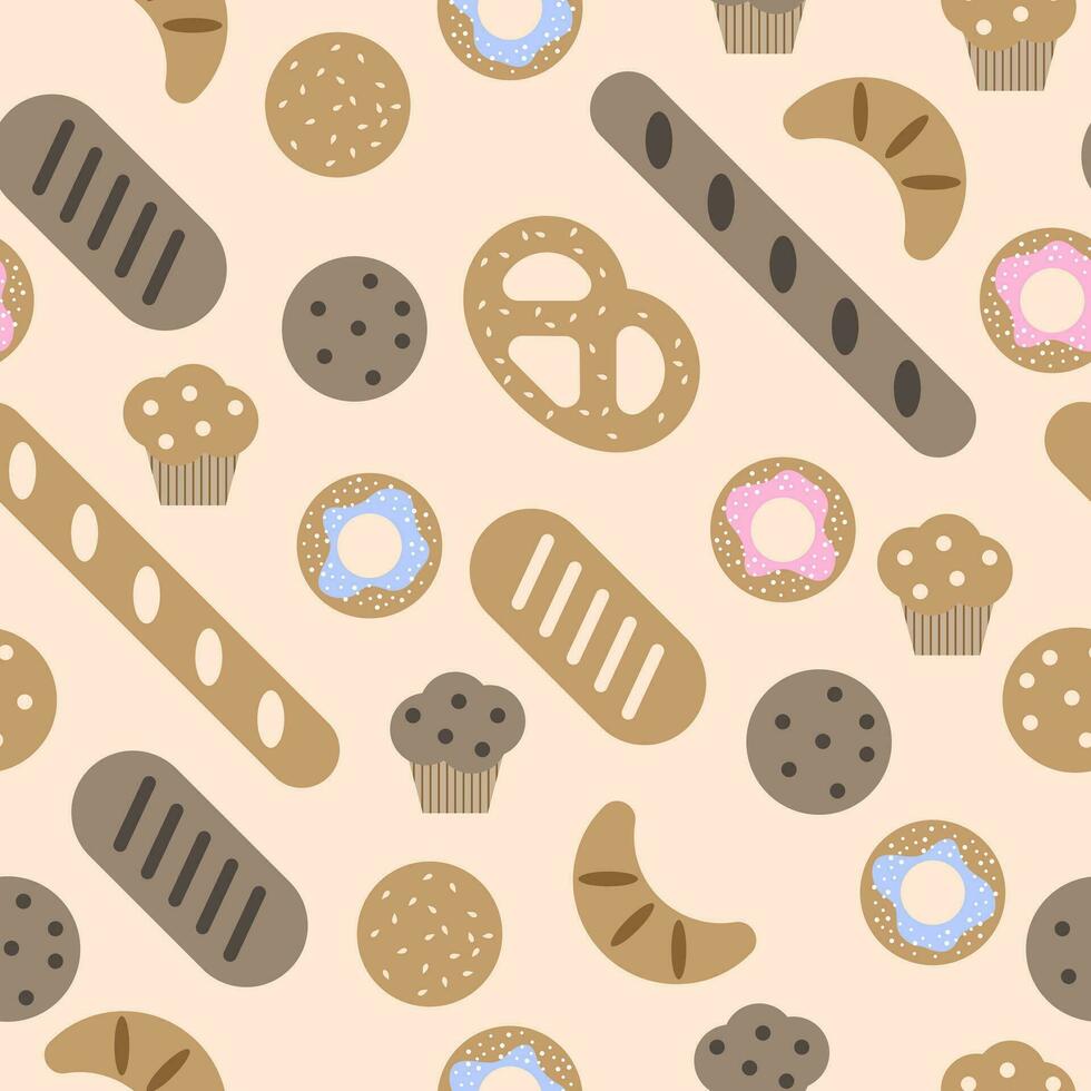 Bakery seamless pattern. Top view of bakery products. Vector illustration Bread and bun pattern for bakery shop template