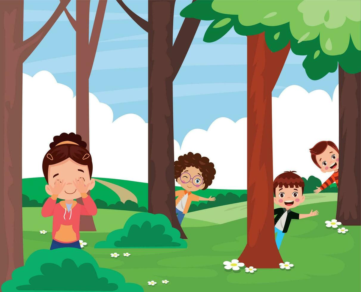 cute happy kids playing hide and seek vector