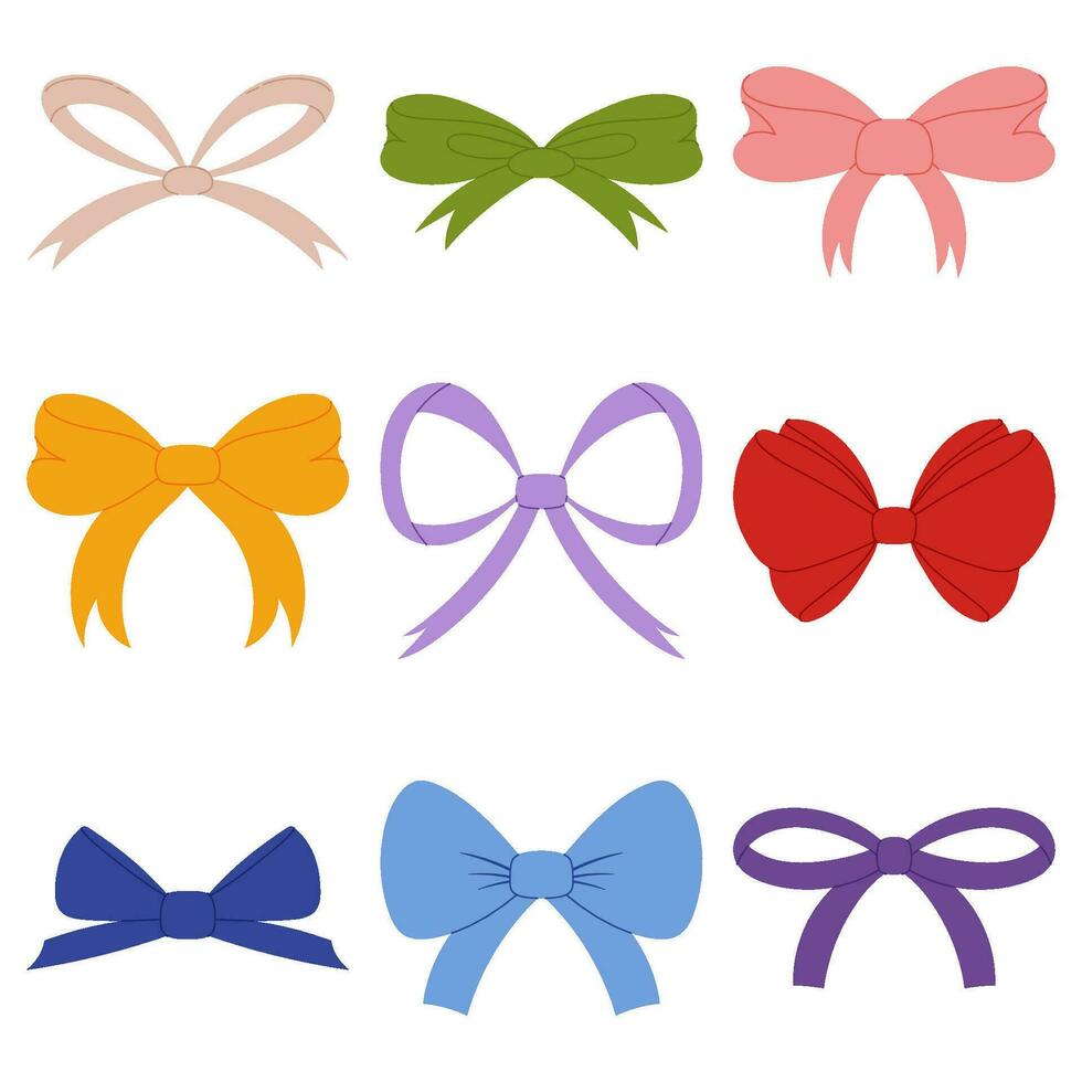 Whimsical Hand Drawn Flat Organic Bows in a Modern Style. Perfect for Trendy Decorations. Big Set of Bowties for Various Occasions vector