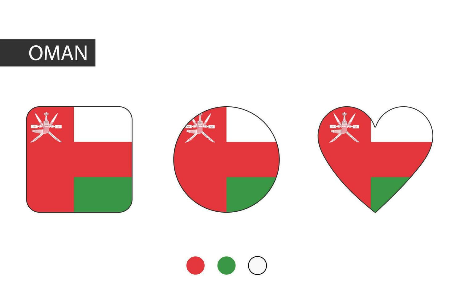 Omán 3 formas cuadrado, círculo, corazón con ciudad bandera. aislado en blanco antecedentes. vector