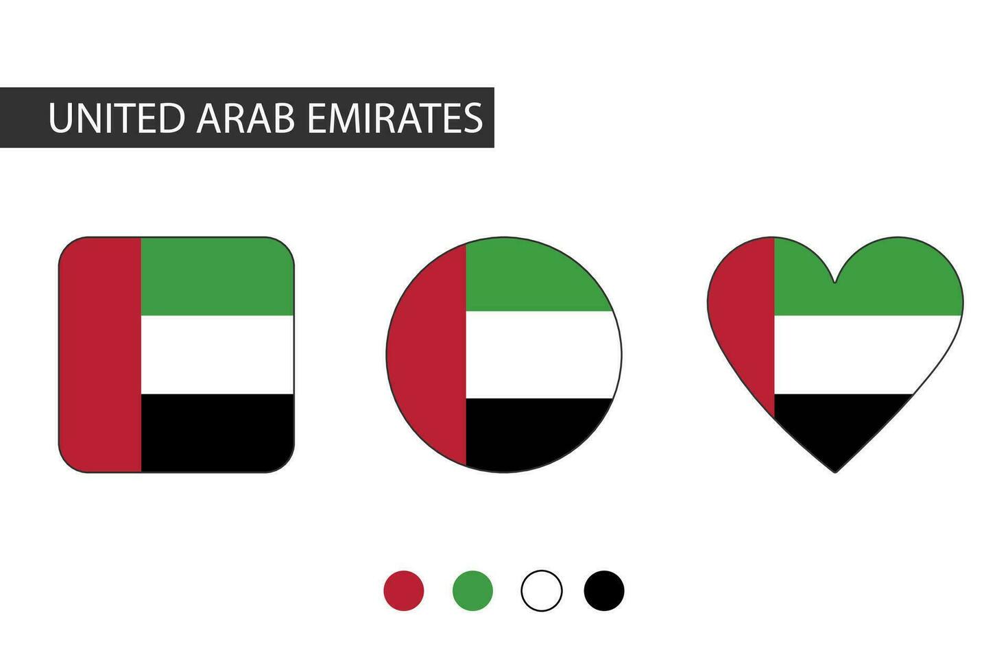 United Arab Emirates 3 shapes square, circle, heart with city flag. Isolated on white background. vector