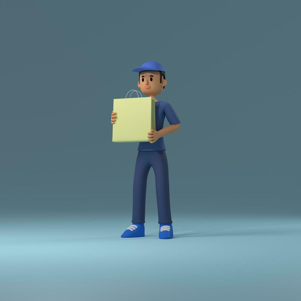 Delivery courier in a blue uniform with shopping bags. Concept of safe delivery of goods. 3d rendering photo