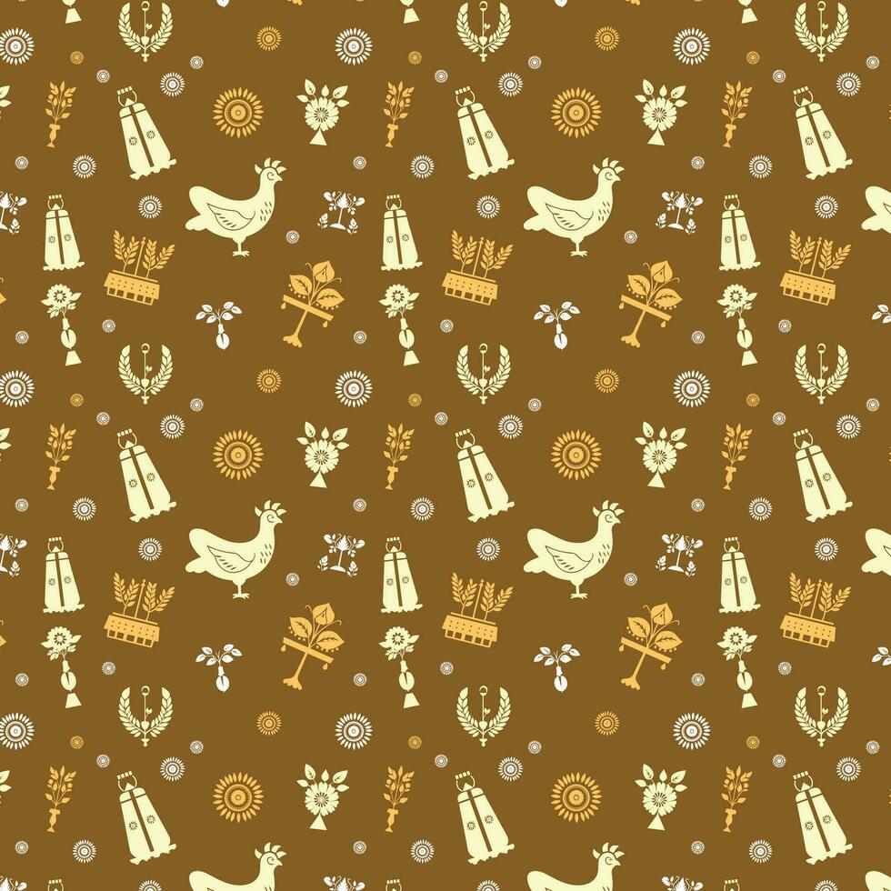 Brown and White Folk Art Pattern with Birds and Trees vector