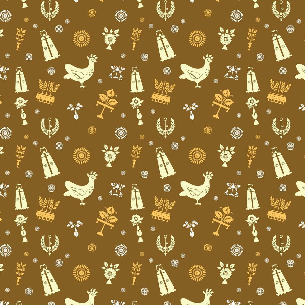 Brown and White Folk Art Pattern with Birds and Trees vector