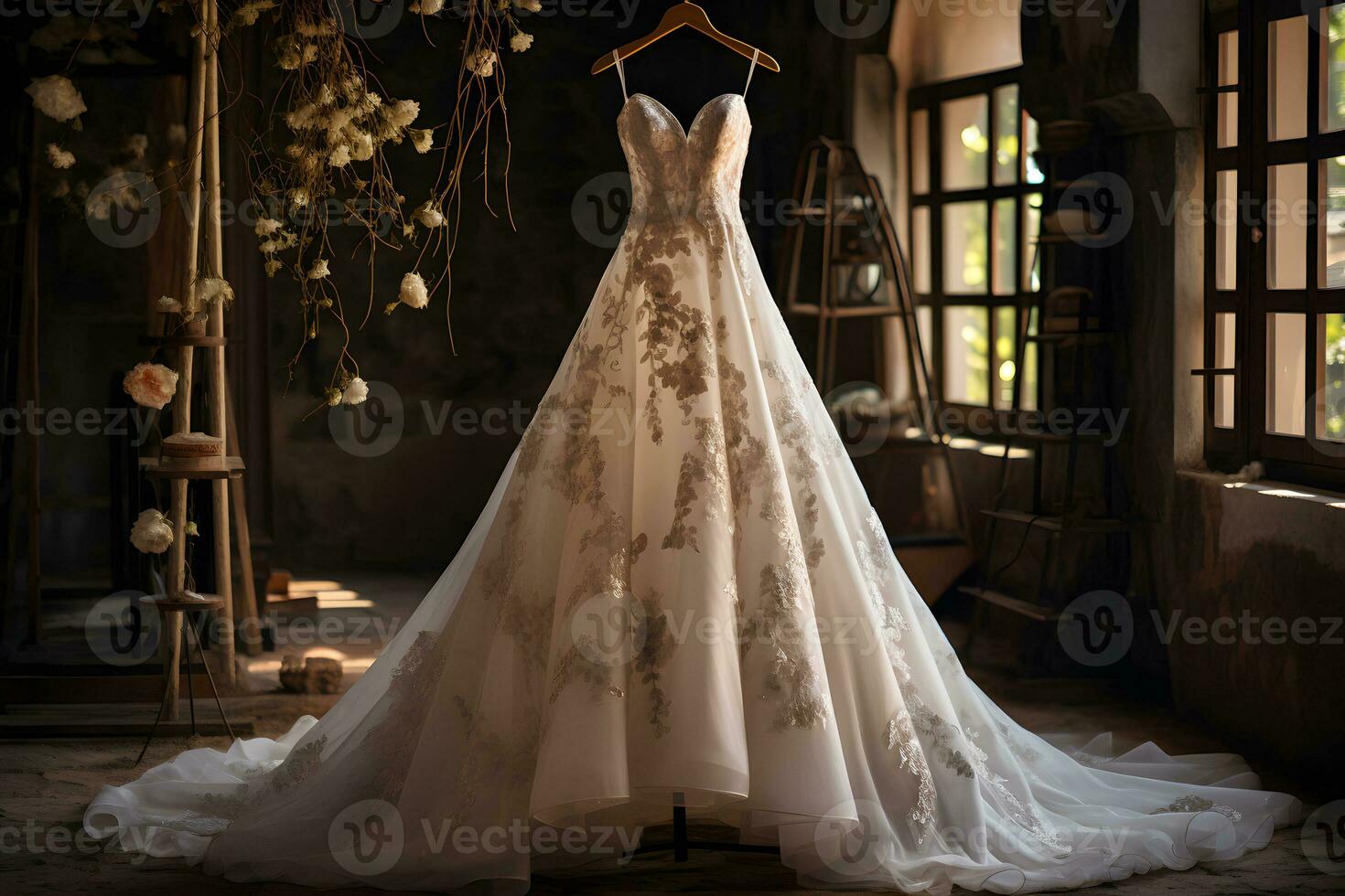 AI generated Wedding dress with shoes and flowers photo