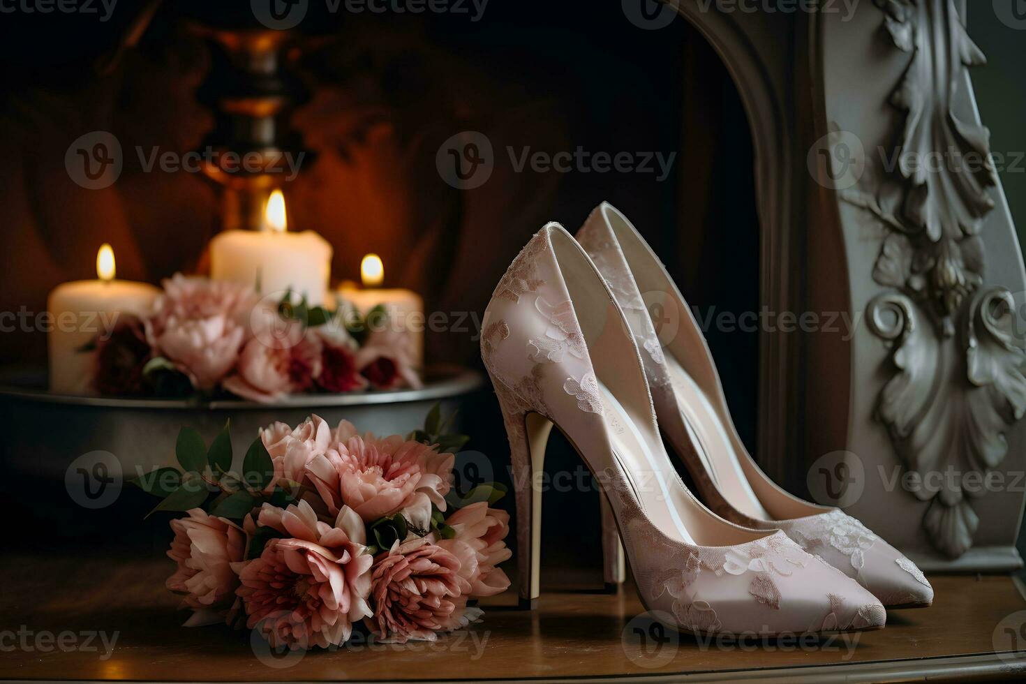 AI generated Wedding dress with shoes and flowers photo