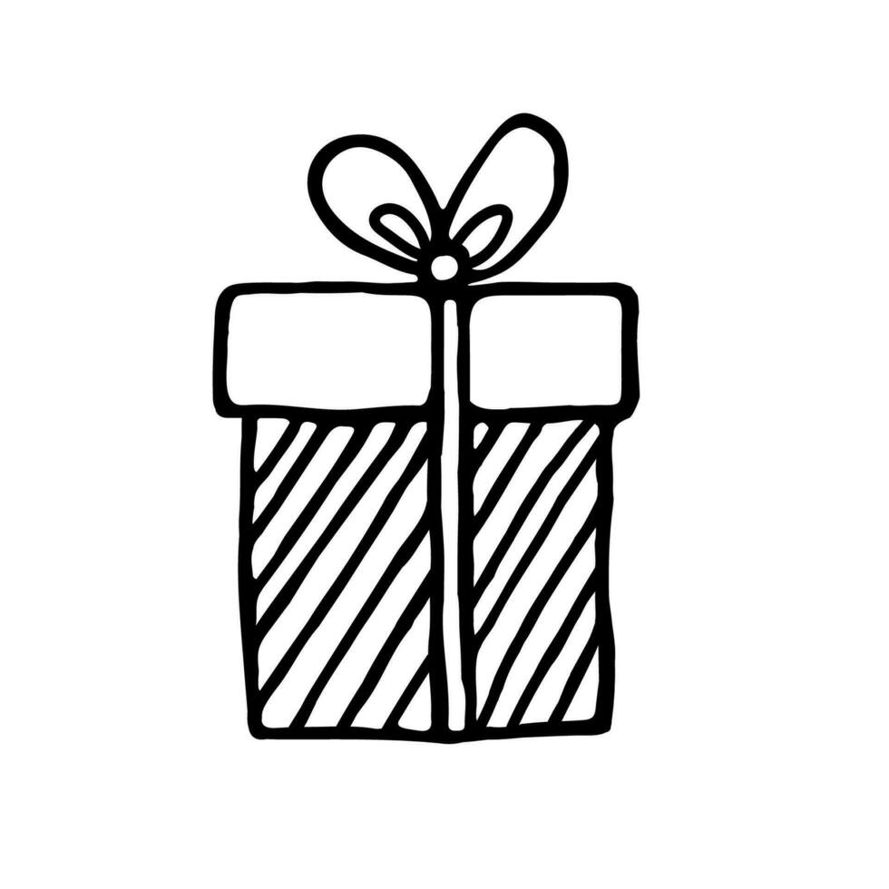 A gift box with a ribbon hand-drawn on a white background. Vector illustration in a doodle style.