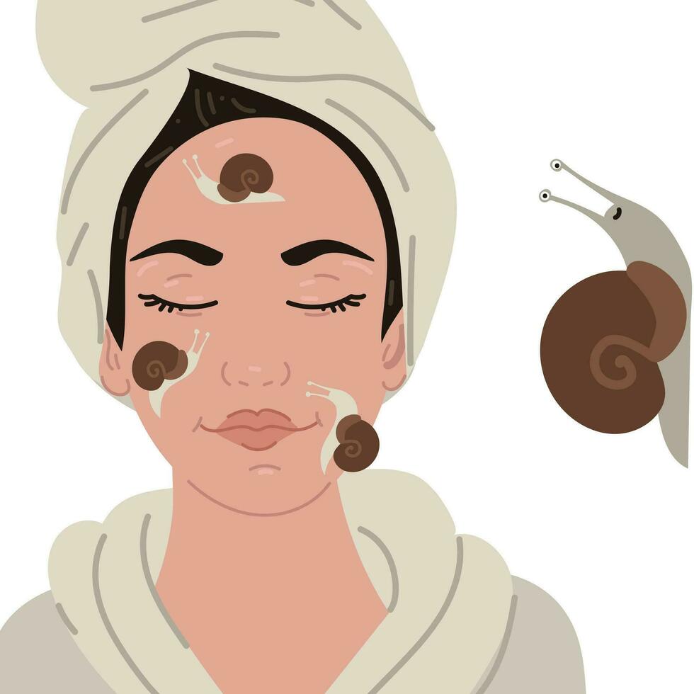 Portrait of a woman with snails on her face. SPA treatments with snail facial massage. The snail smiles. The procedure in the beauty salon. Moisturizing the face. Isolated vector illustration. Mucin
