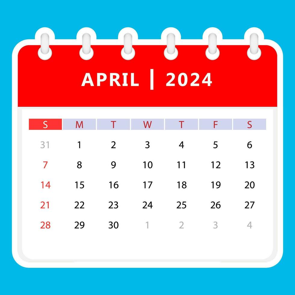 April 2024 calendar. Sunday start. Vector design 34970086 Vector Art at