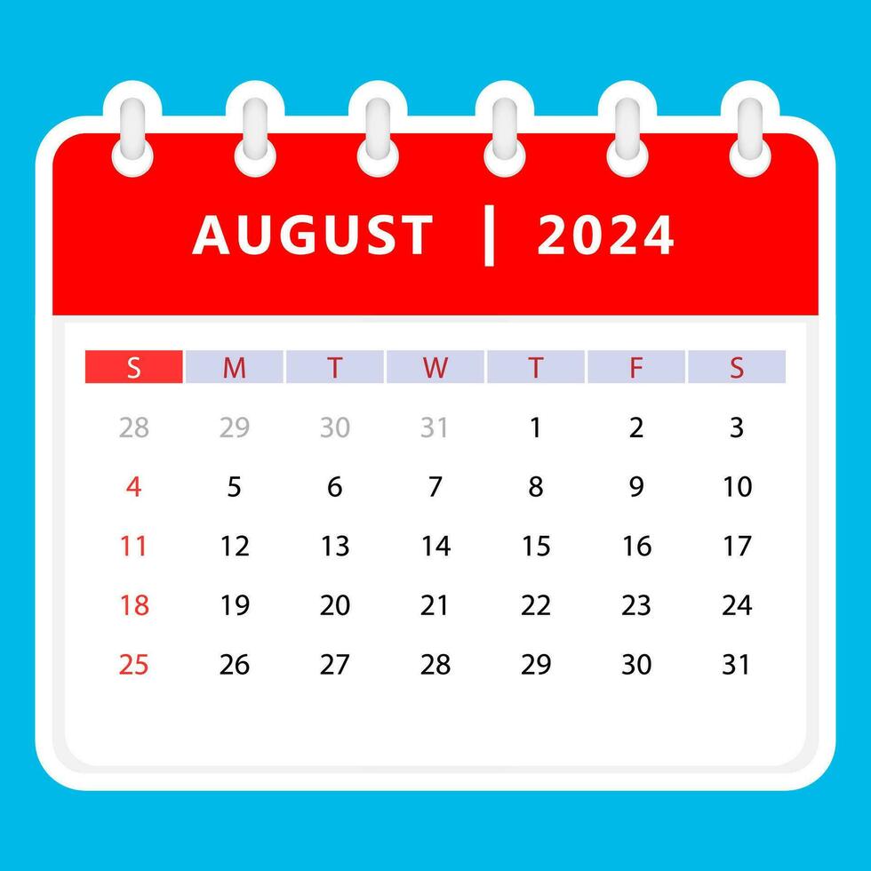 August 2024 calendar. Sunday start. Vector design