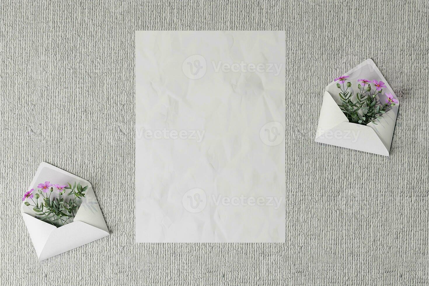 Poster mockup rustic natural with plants in envelopes photo