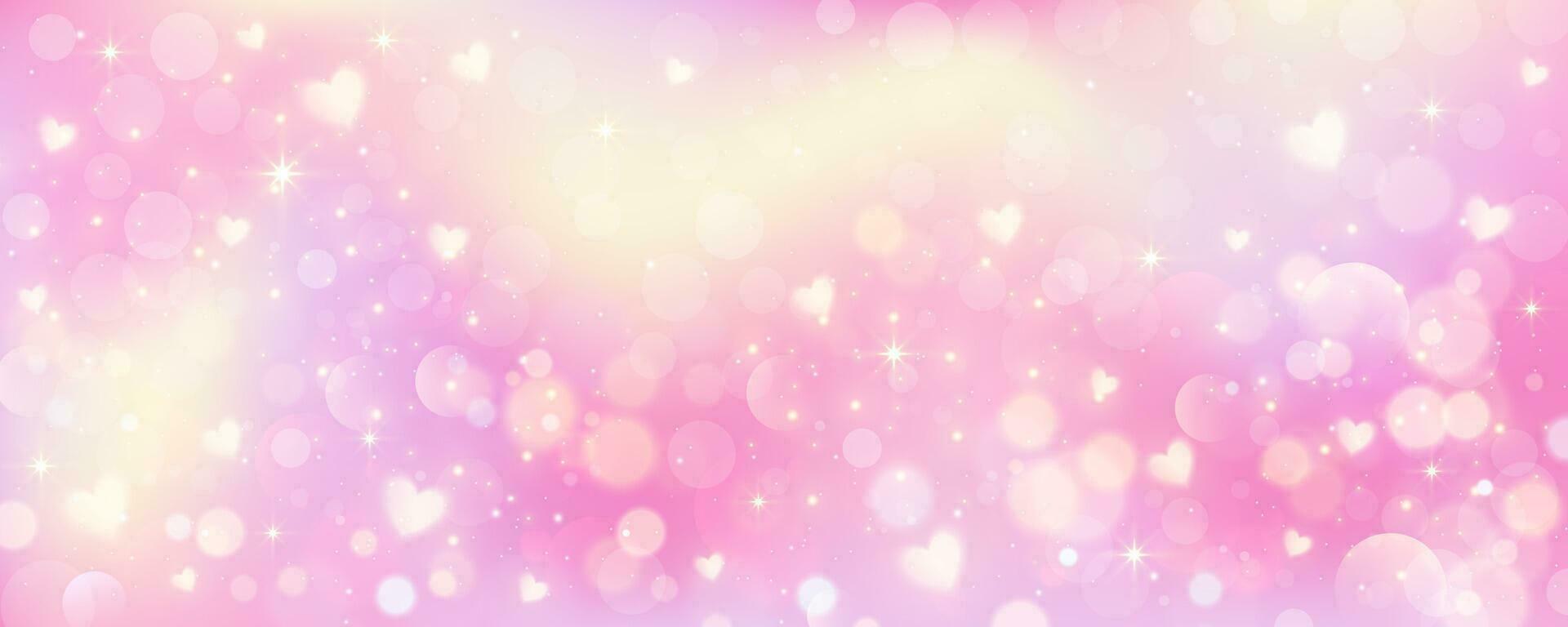 Pink background with hearts. Cute pastel unicorn wallpaper with stars and glitter. Dreamy fantasy gradient galaxy. Abstract vector template. Girly design for Valentine day backdrop.