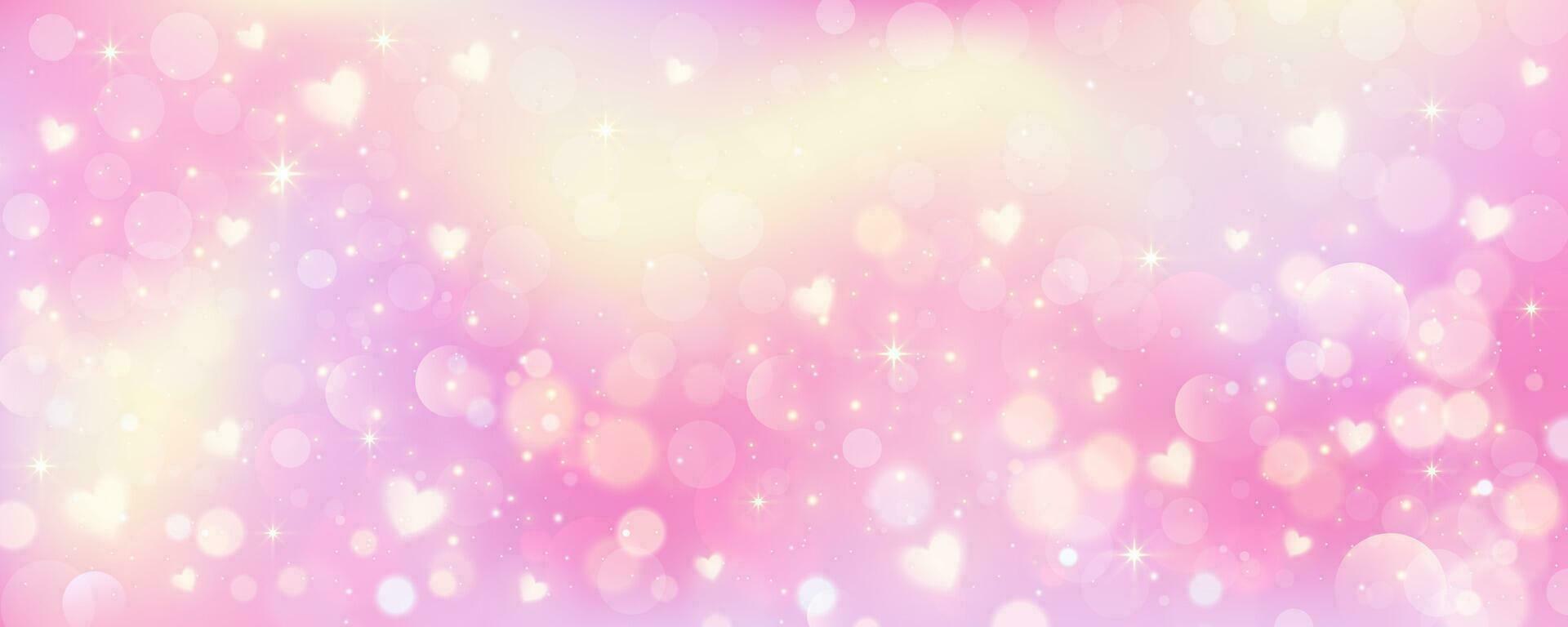 rosado antecedentes con corazones. linda pastel unicornio fondo de pantalla con estrellas y Brillantina. soñador fantasía degradado galaxia. resumen vector modelo. femenino diseño para enamorado día fondo.