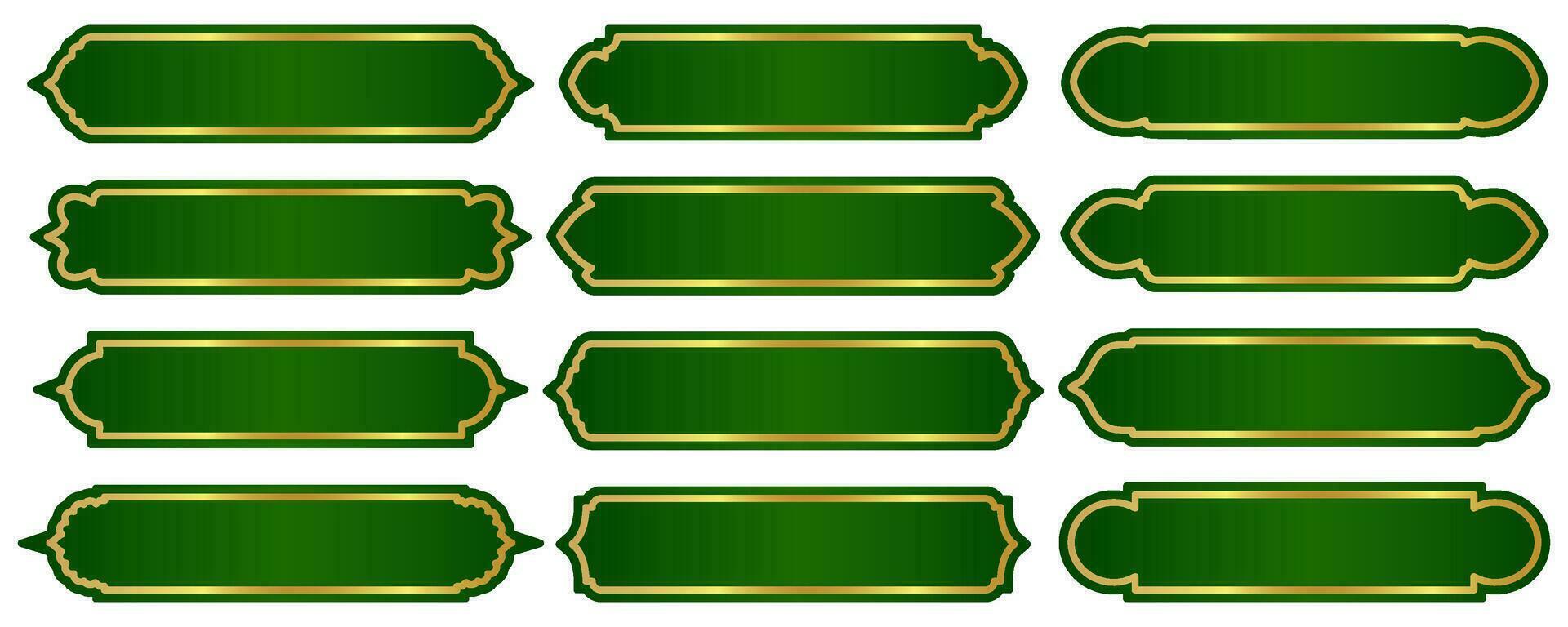 Islamic Ramadan golden frame. Arabic vector design with Turkish ornament and green background. Arabesque ribbon sticker for tag banner and sale flyer.