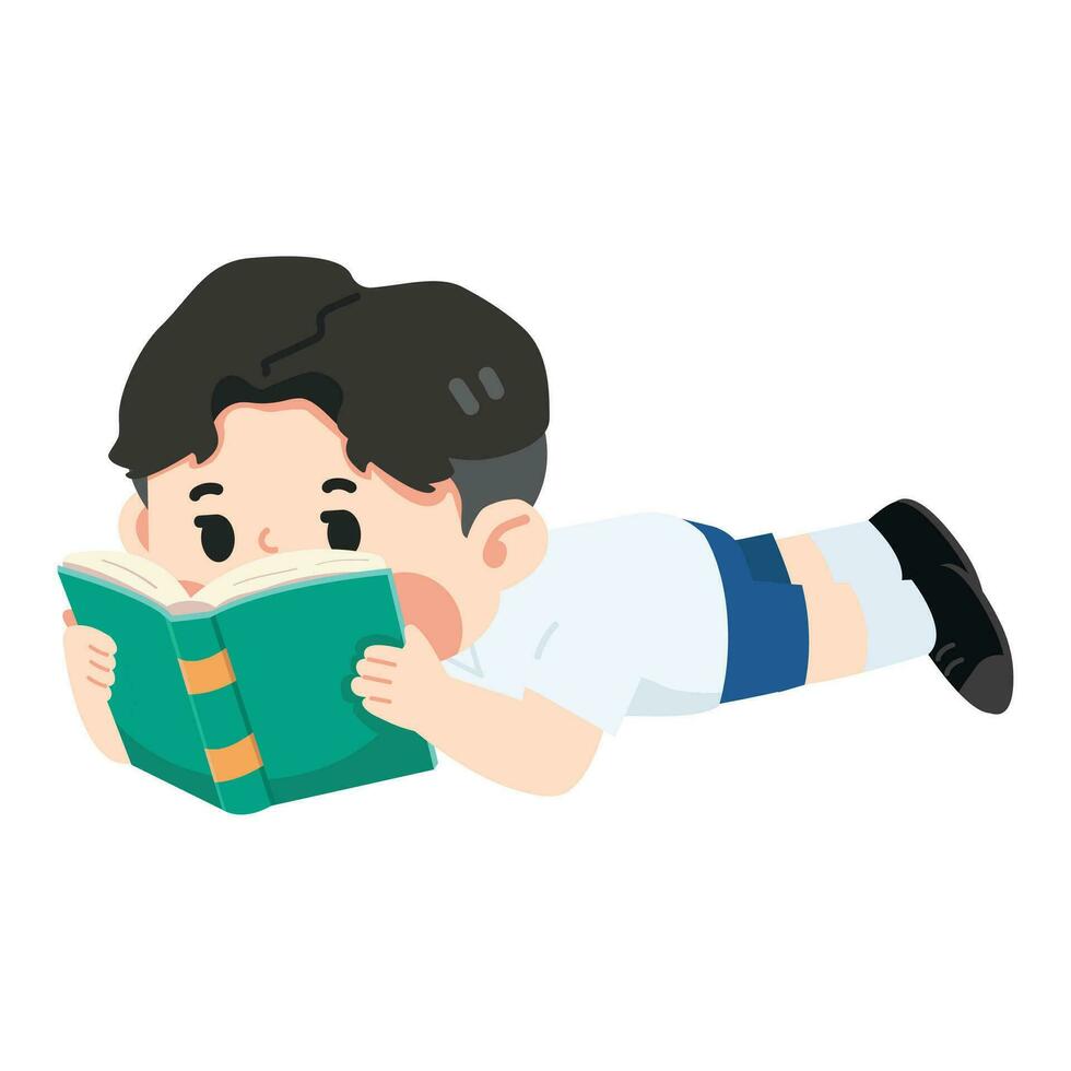 Cartoon reading boy lying with book vector