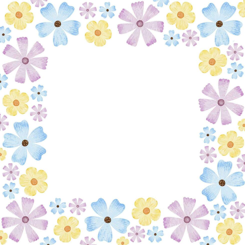 Blue, purple and yellow wildflowers. Square frame of simple flowers. Watercolor isolated illustration. For the design of postcards for Easter, birthday, International Women's Day vector