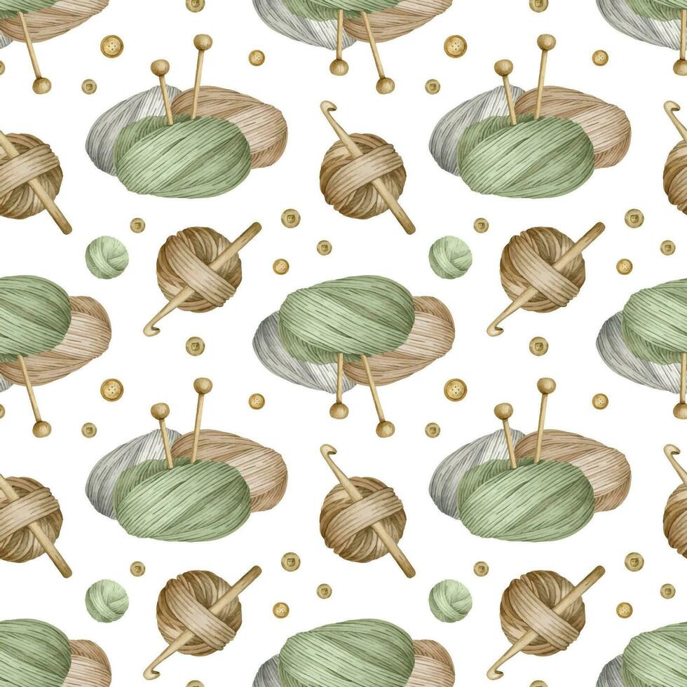 Brown, gray and green yarn balls, knitting needles, buttons . Watercolor seamless pattern on white background. For fabric, packaging paper, scrapbooking, product packaging design, yarn or wool shop. vector