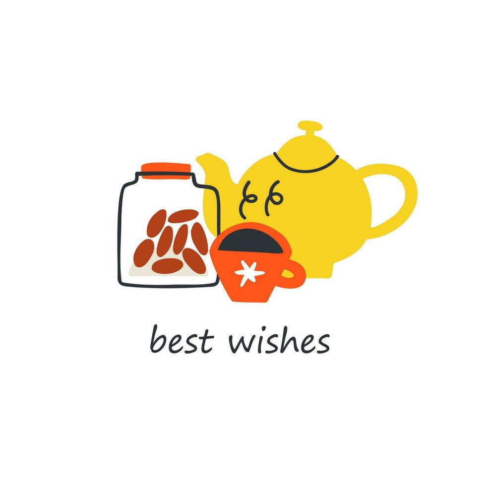 Best wishes teapot, cup and cookie. Greeting card. Vector illustration in flat style.