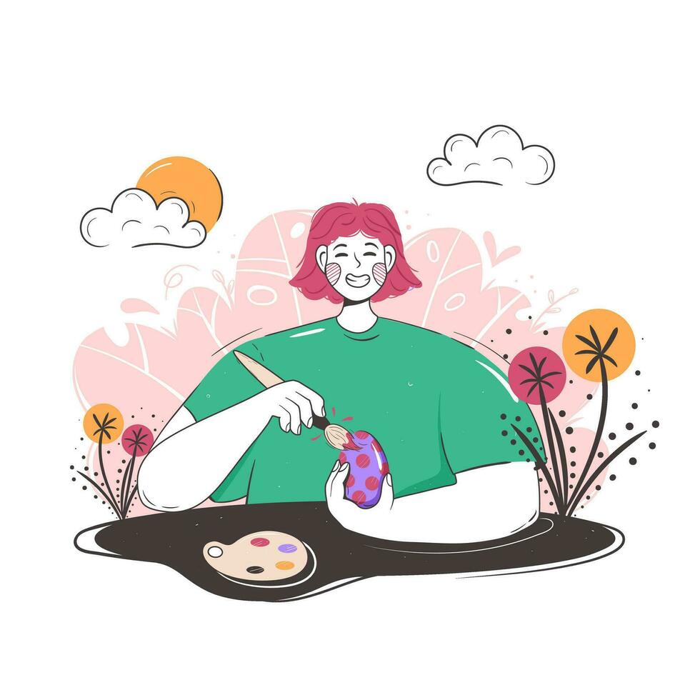 Modern style Easter person. A giant woman paints a small Easter egg. Flat holiday character. vector