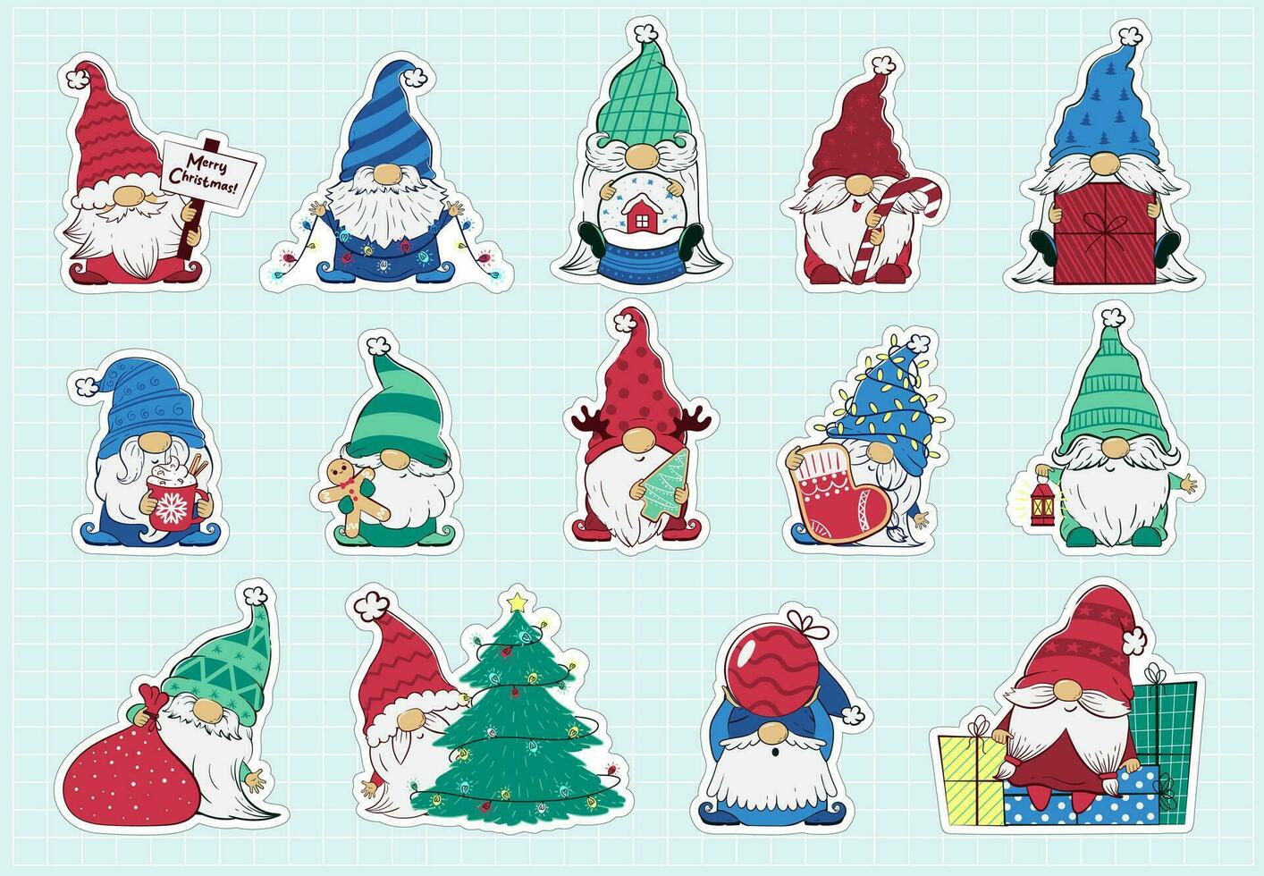 large set of Christmas gnomes stickers with gingerbread, lanterns, garlands, cocoa, striped candy, Christmas tree toys, gifts and a snow globe. Printable holiday cartoon Characters. vector