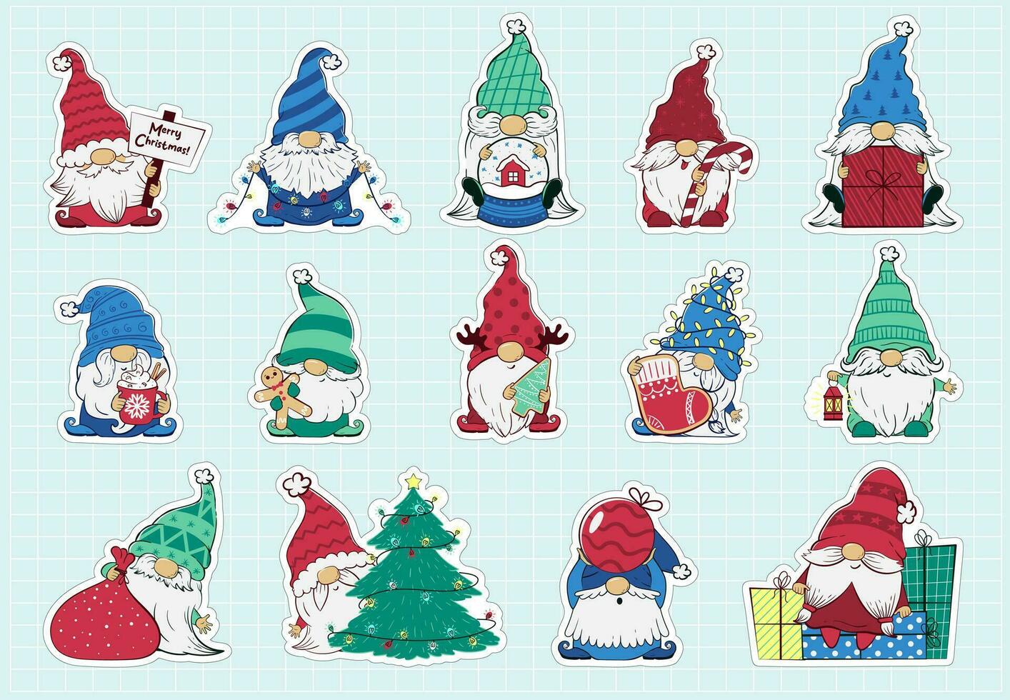 grande conjunto de Navidad gnomos pegatinas con pan de jengibre, linternas, guirnaldas, cacao, a rayas dulce, Navidad árbol juguetes, regalos y un nieve globo. imprimible fiesta dibujos animados caracteres. vector