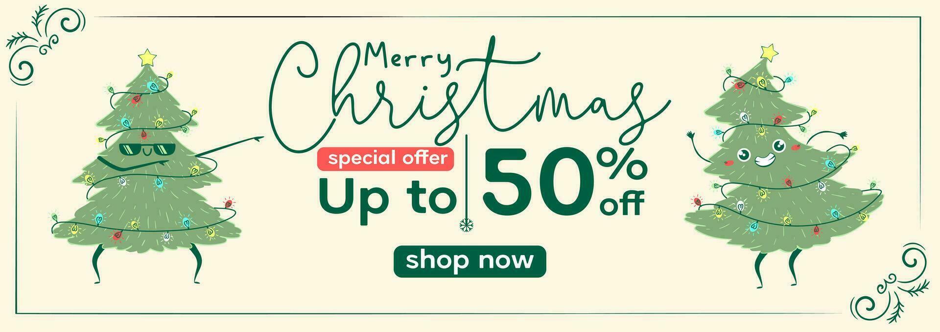 Sale Web Banner with Kawaii Doodle Christmas Tree Dancing. Children's handmade naive style. Simple New Year character. Happy spruce concept. Motivation to buy, discounts, promotions vector