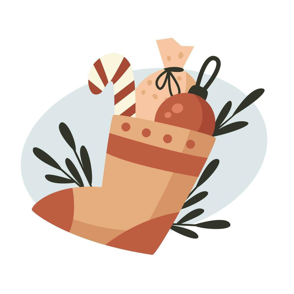 Christmas sock with gift and candy vector