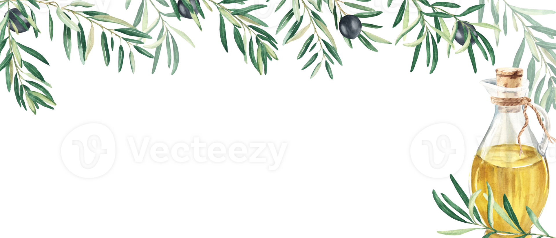 Horizontal frame, border with olive branches and ripe fruits. Oil in a glass jug. Watercolor hand drawn illustration. Perfect as a web banner, for menu design. png