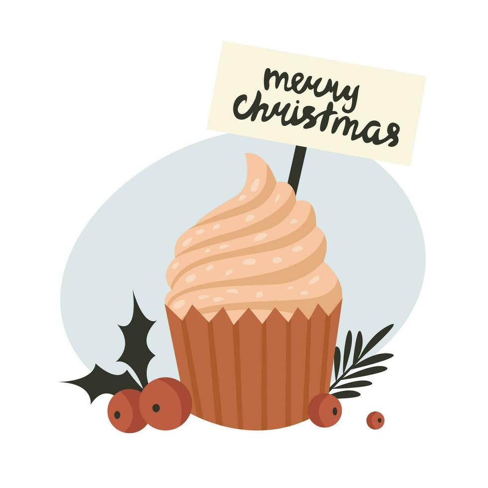 Christmas cupcake with berries vector