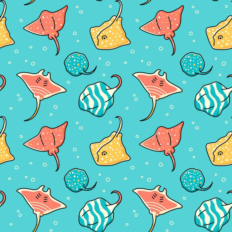 Seamless pattern with colorful cartoon stingrays on a blue background vector