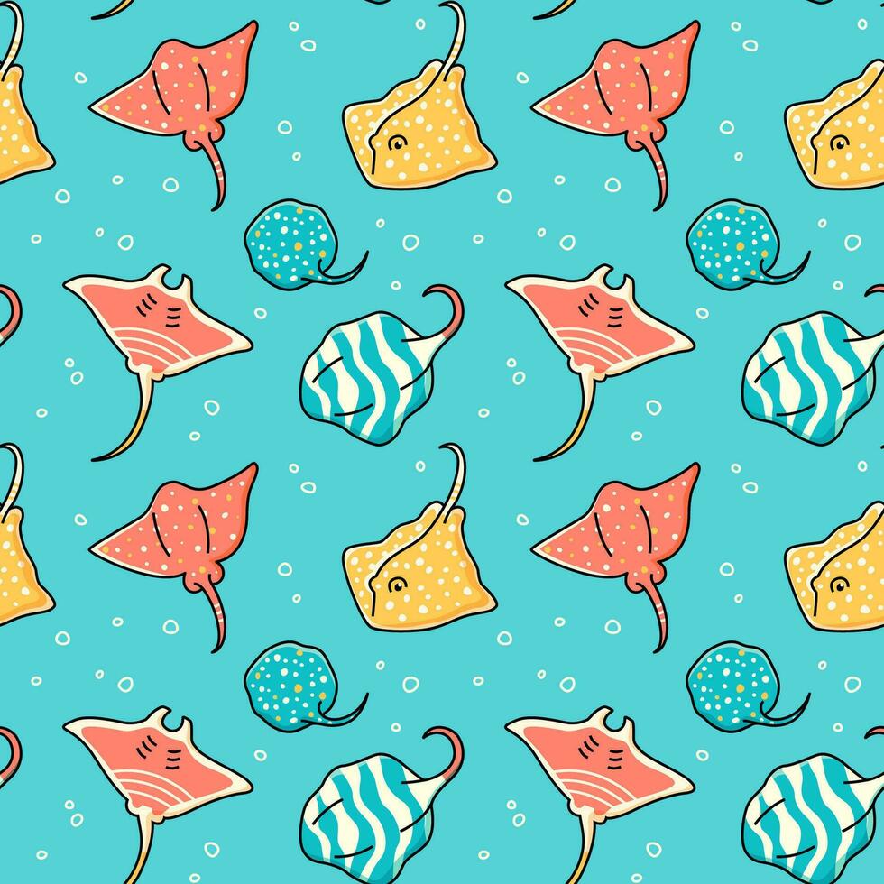 Seamless pattern with colorful cartoon stingrays on a blue background vector