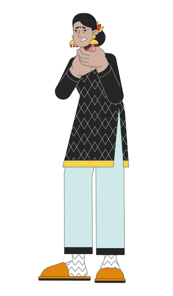 Sore throat tonsillitis line cartoon flat illustration. Hindu indian woman 2D lineart character isolated on white background. Inflammation lymph nodes. Throat infection angina scene vector color image