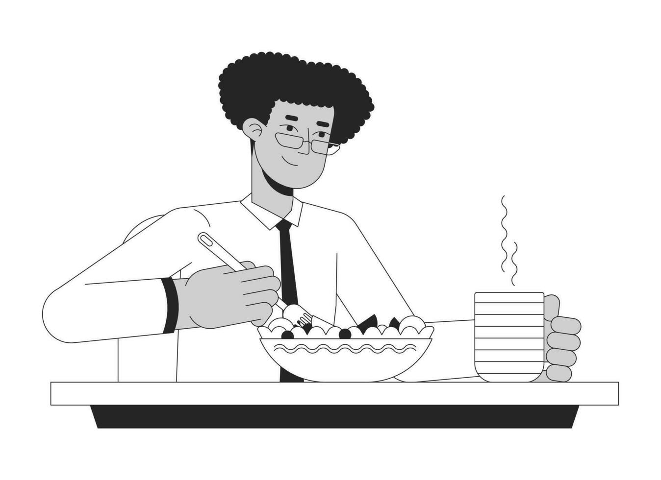 Hispano blanco collar trabajador comiendo ensalada negro y blanco 2d línea dibujos animados personaje. los anteojos latino hombre en almuerzo aislado vector contorno persona. vegano empleado monocromo plano Mancha ilustración