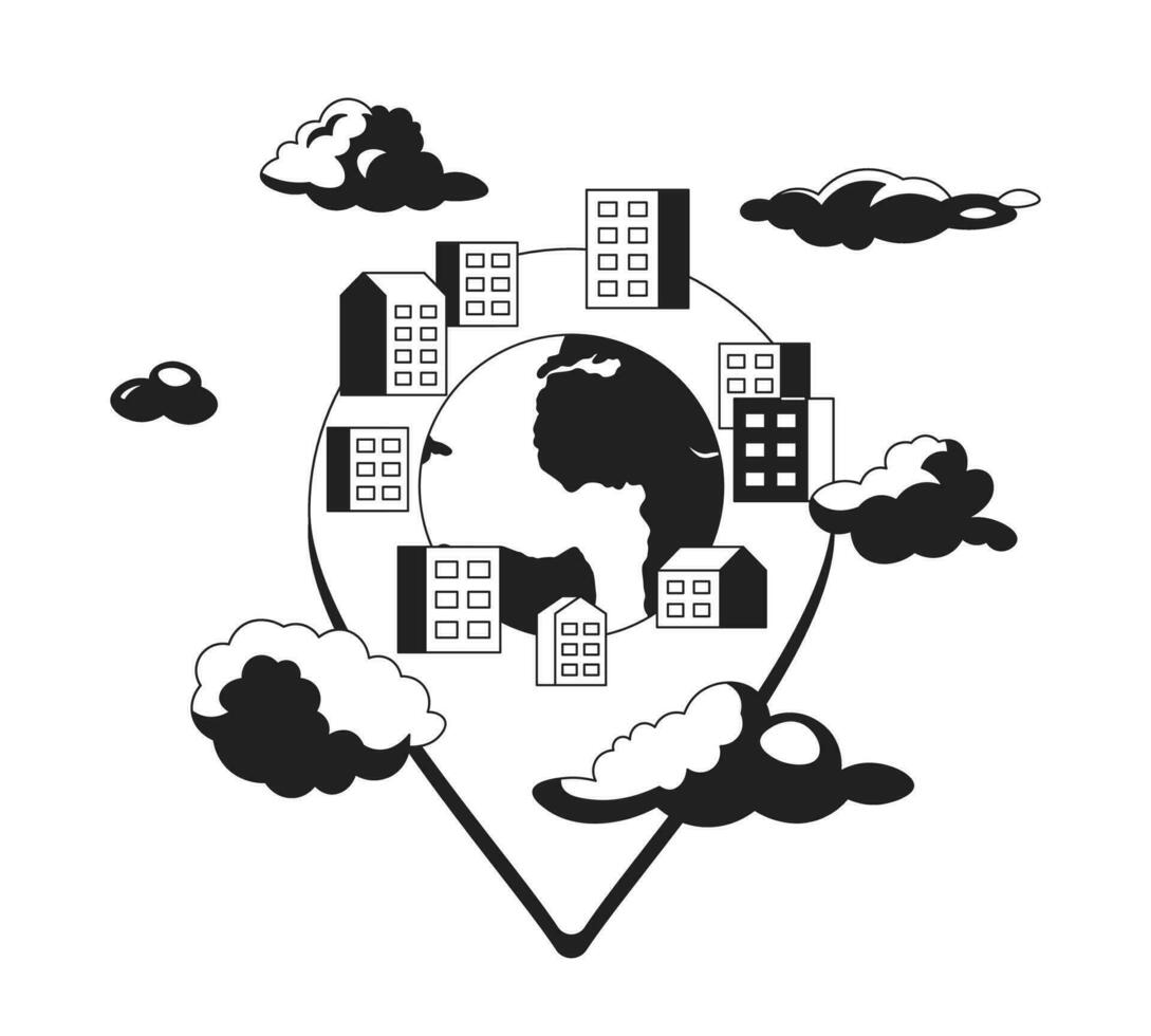 Apartment complex pin black and white 2D illustration concept. Multifamily properties pinpoint isolated cartoon outline object. Condominium highrise neighborhood urban metaphor monochrome vector art