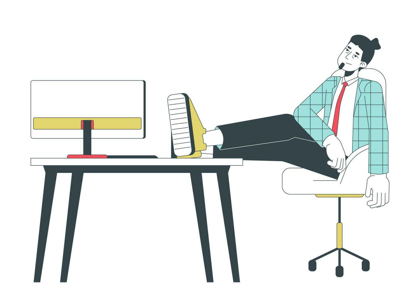 Male employee physically exhausted after meeting deadline 2D linear cartoon character. Caucasian man tired, happy isolated line vector person white background. Break color flat spot illustration