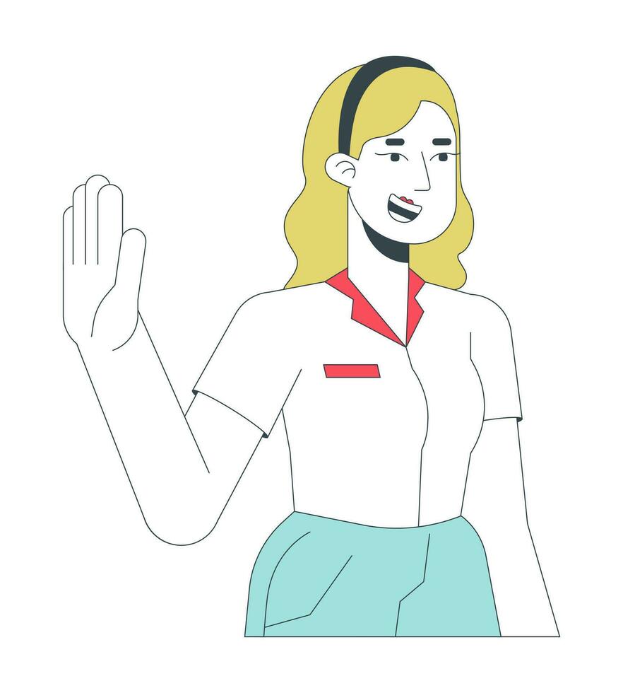 Blonde caucasian employee gen z 2D linear cartoon character. Young adult woman goodbye waving isolated line vector person white background. Formalwear female smiling color flat spot illustration