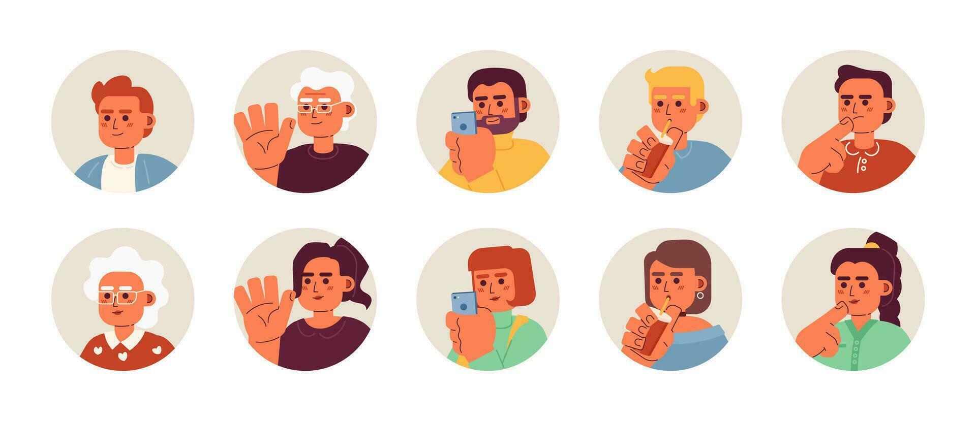 Caucasian different aged 2D vector avatars illustration bundle. Europeans women, men cartoon character faces collection. Young adult mature people flat color user profiles images isolated on white