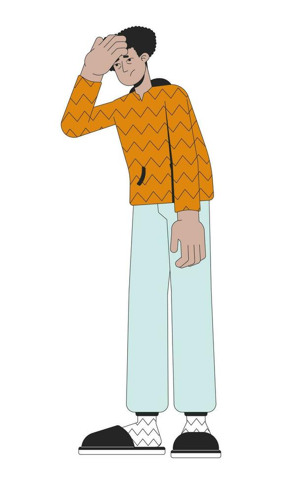 Headache cold and flu line cartoon flat illustration. Fatigue stressed hispanic young adult man 2D lineart character isolated on white background. Touching forehead sick scene vector color image