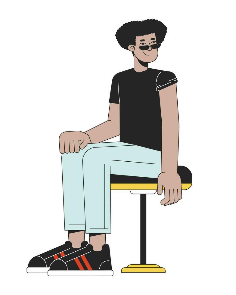 Latino sunglasses man sitting ready for vaccine 2D linear cartoon character vector