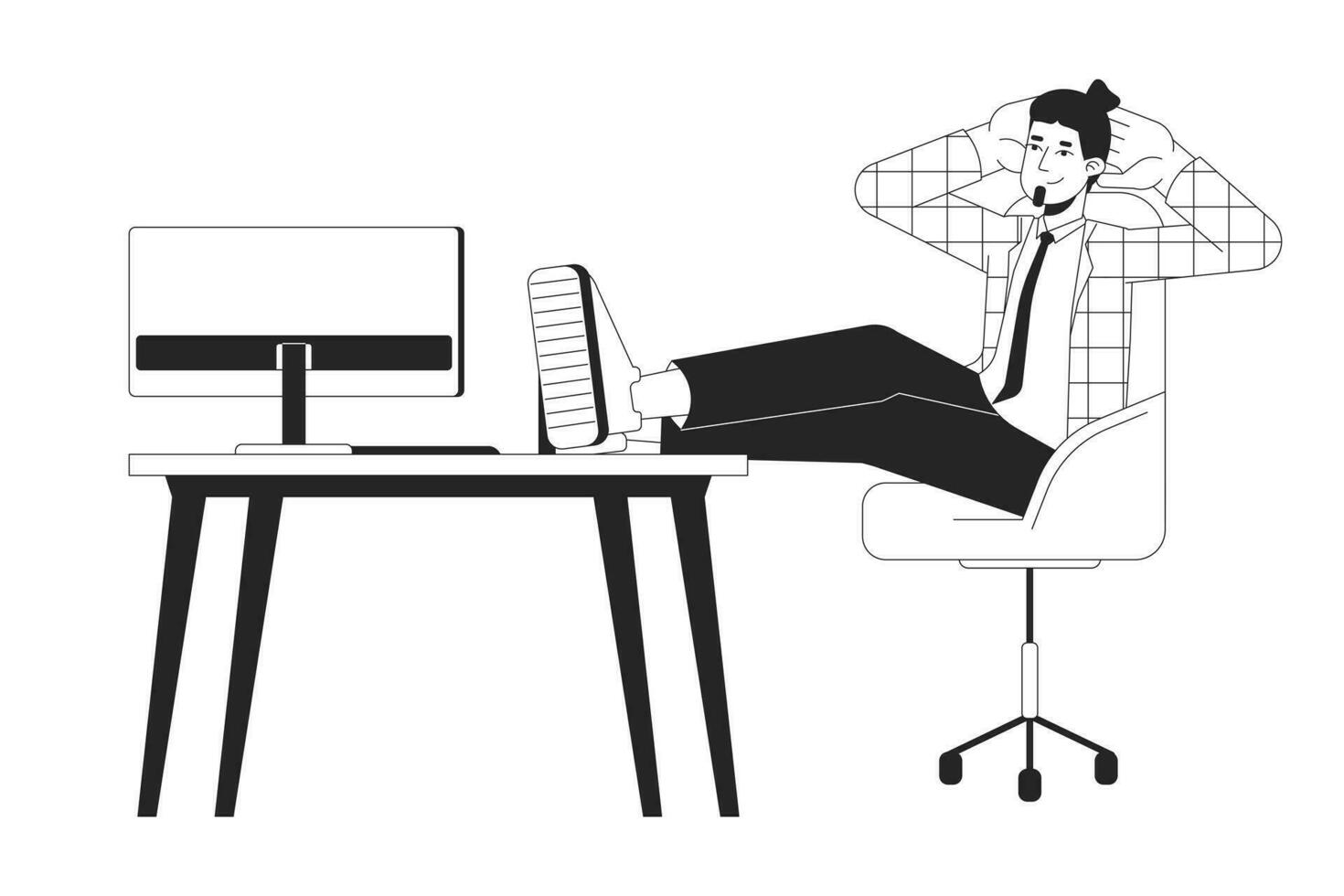 Male office worker sitting with legs on table black and white 2D line cartoon character. Chilling caucasian man employee isolated vector outline person. Work break monochromatic flat spot illustration