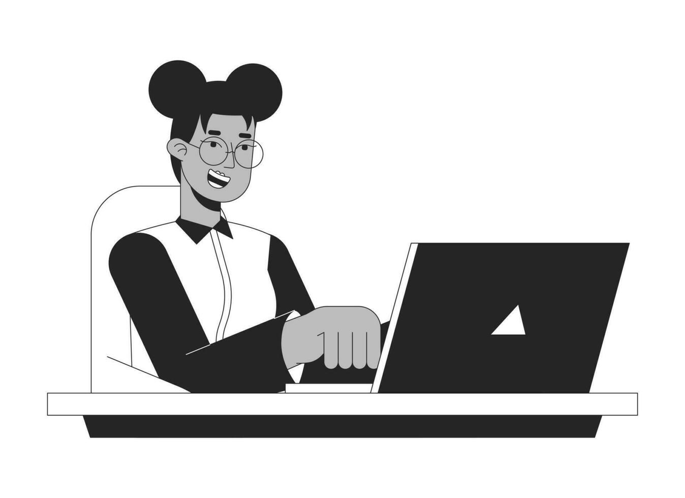 Inspired happy female employee typing laptop black and white 2D line cartoon character. Black woman office worker isolated vector outline person. Gen z freelancer monochromatic flat spot illustration