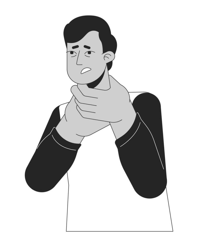 Allergy sore throat indian man black and white 2D line cartoon character. South asian guy trouble breathing isolated vector outline person. Allergic reaction monochromatic flat spot illustration