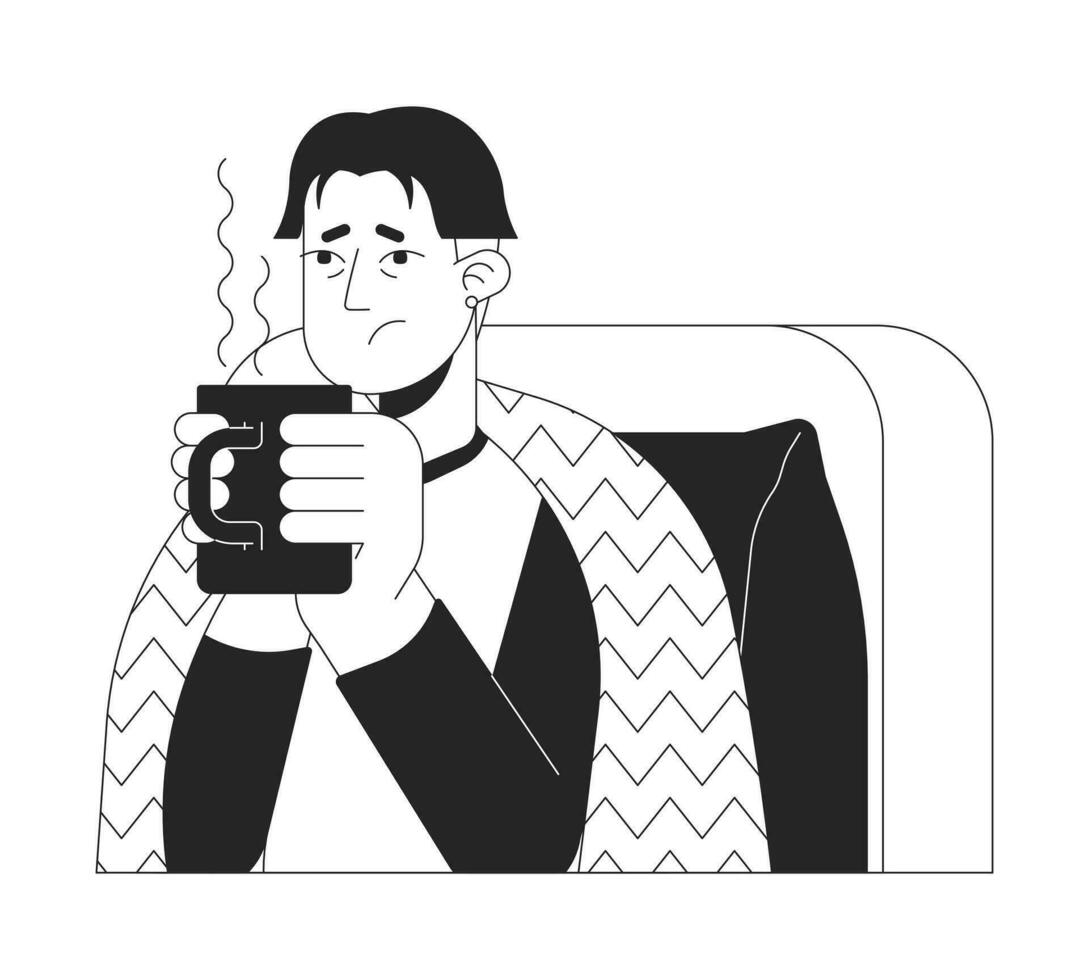 Exhausted flu asian man holding hot drink black and white 2D line cartoon character. Korean male drinking warm liquid isolated vector outline person. Flu relief monochromatic flat spot illustration