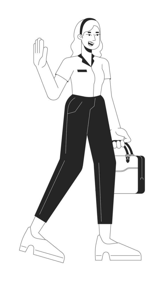 Happy office worker female leaving work black and white 2D line cartoon character vector