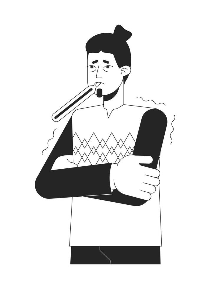 gripe febril caucásico hombre con termómetro negro y blanco 2d línea dibujos animados personaje. resfriado chico sensación enfermo aislado vector contorno persona. coronavirus síntoma monocromo plano Mancha ilustración