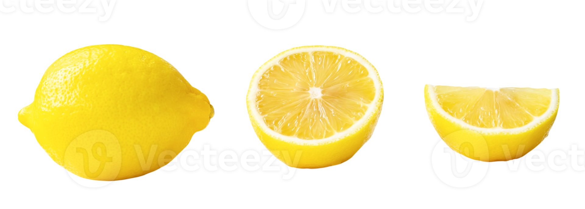 Set of whole yellow lemon with half and quarter slice isolated with clipping path png