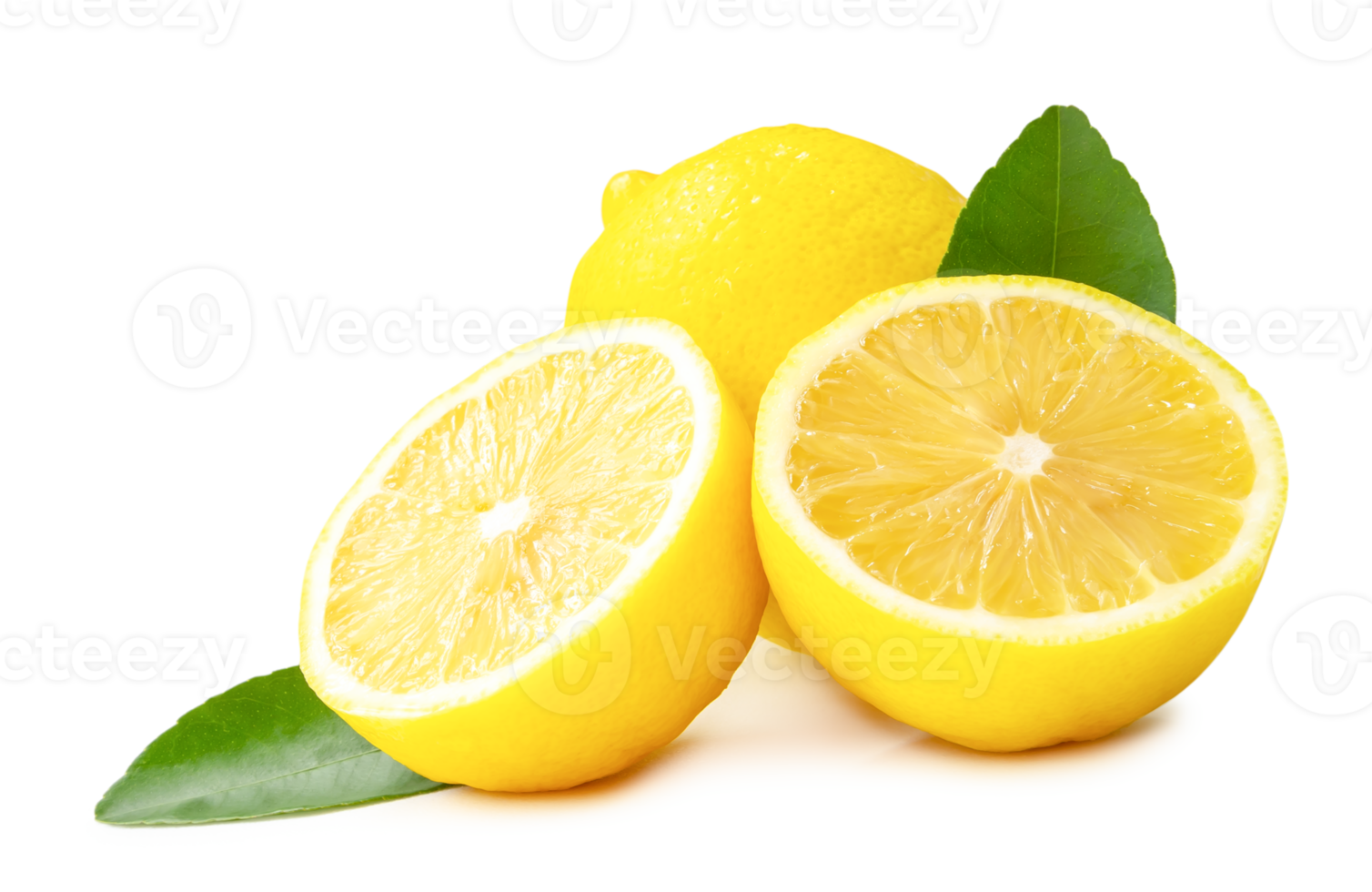 Whole fresh yellow lemon with halves and leaves in stack isolated with clipping path and shadow in png file format