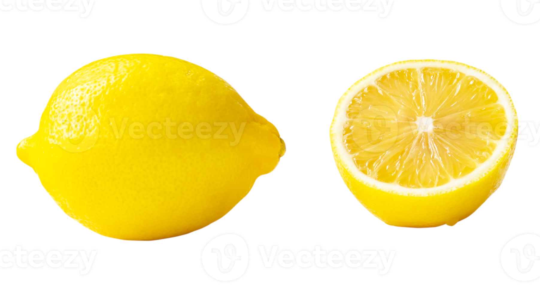 Single fresh beautiful yellow lemon with half in set isolated in png file format Front view and flat lay