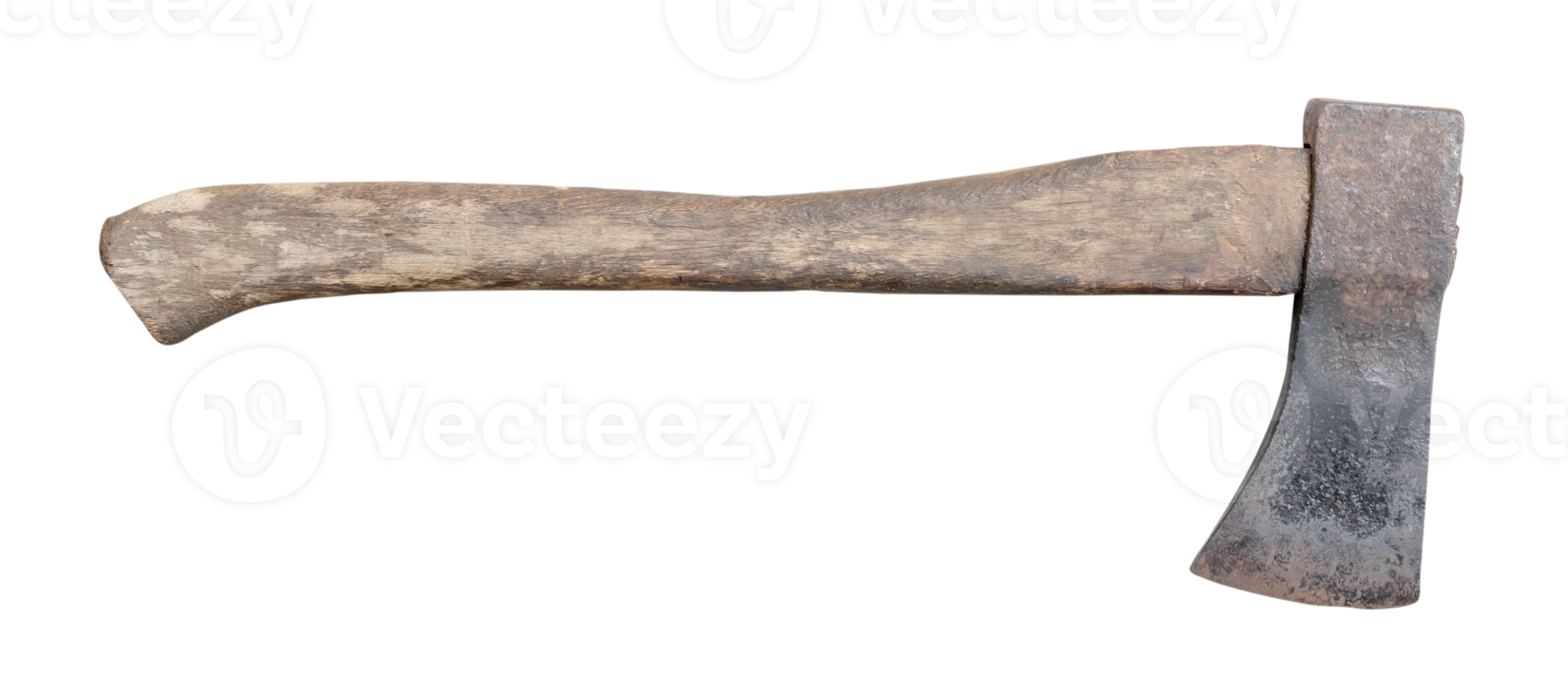 Old rust dirty dark gray axe with brown wooden handle isolated with clipping path in png format